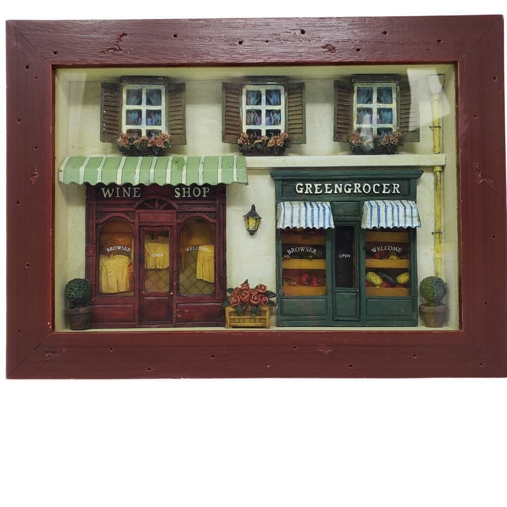 Vintage 3D Diorama Shadow Box of Wine Shop and Grocery Store Wall Decor